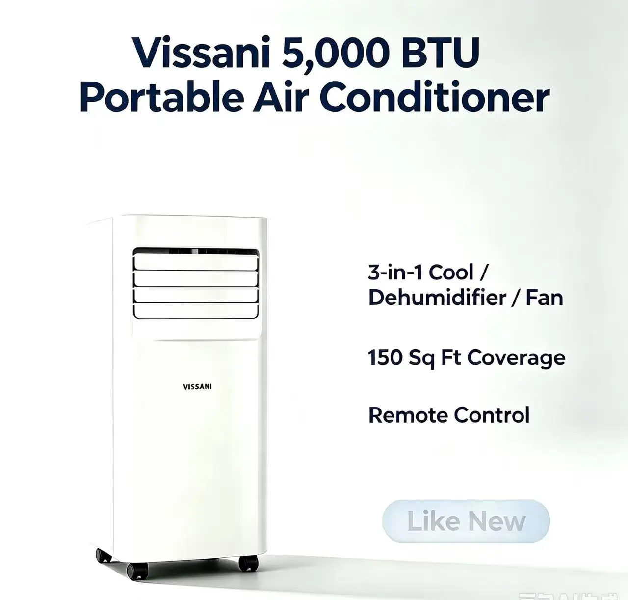 Vissani 5000 BTU Compact Corded Portable Air Conditioner - White 3-in-1 Cooling Fan, Dehumidifier, Portable Unit, 150 Sq Ft Coverage, Remote Control, 24H Timer, Low Noise, Easy Installation, Standard Plug, Like New