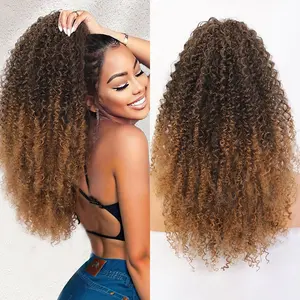 Drawstring Ponytail Extension for Black Women 24 Inch Deep Curly Ponytail Extension Synthetic Hair Hairpieces Afro Kinky Curly Pony Tail for Daily Use (Black)