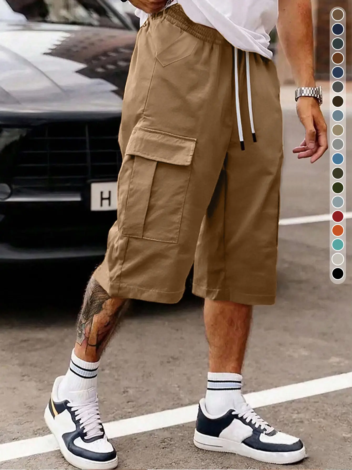 Men's casual and versatile seven-point tooling shorts, loose and comfortable, with multiple side pockets and drawstring adjustment waistband design, suitable for daily leisure, street trend wear, home relaxation, outdoor sports wear, suitable for summer w