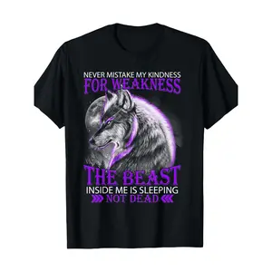 Men's White 3X-Large Wolf & Beast Graphic T-Shirt - Fierce Glowing Purple Wolf, "Never Mistake My Kindness for Weakness" Slogan Print - Casual Round Neck Streetwear for Gym, Parties - Men's Statement Tee