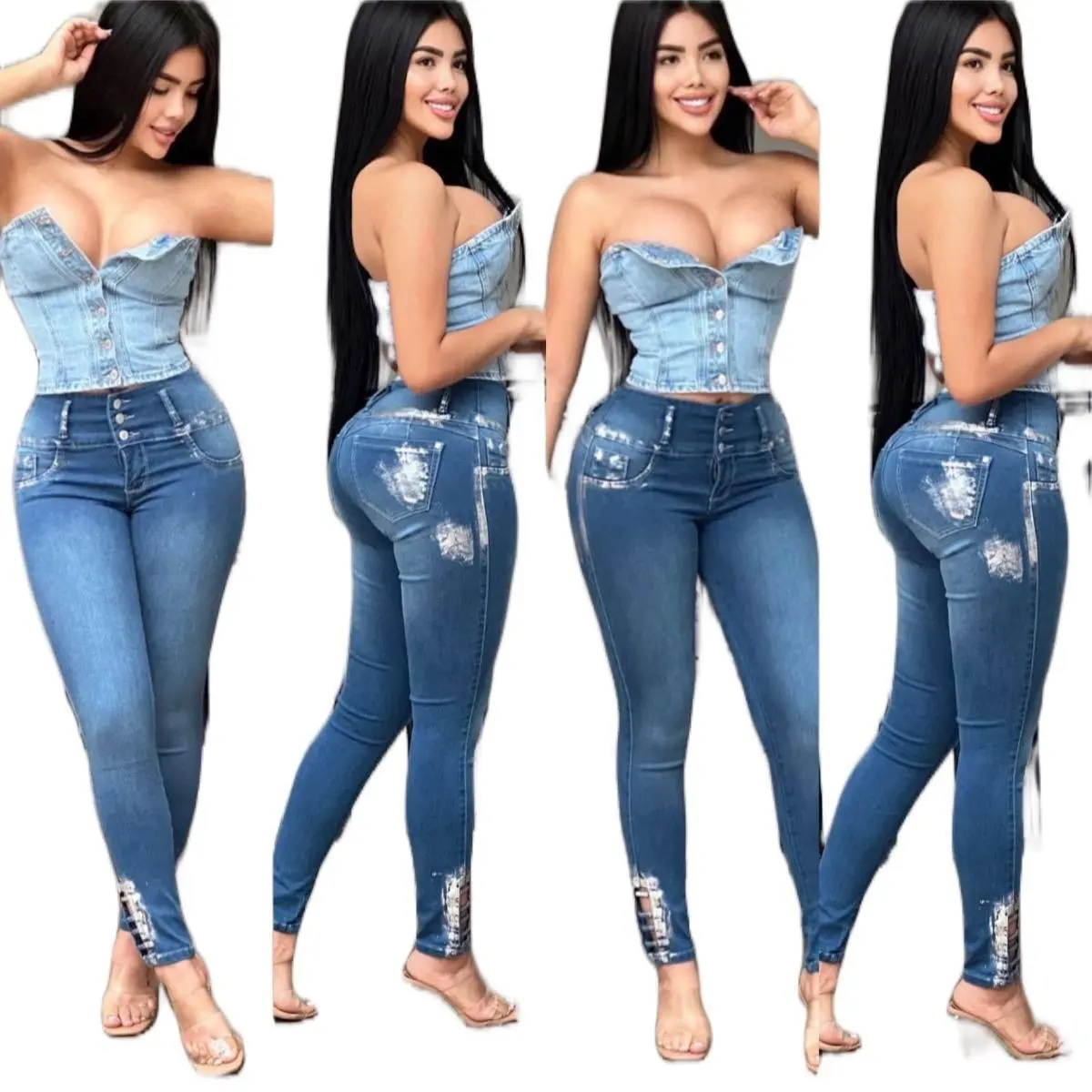K141200 Multi-Button High-Waisted Jeans with Distressed Details