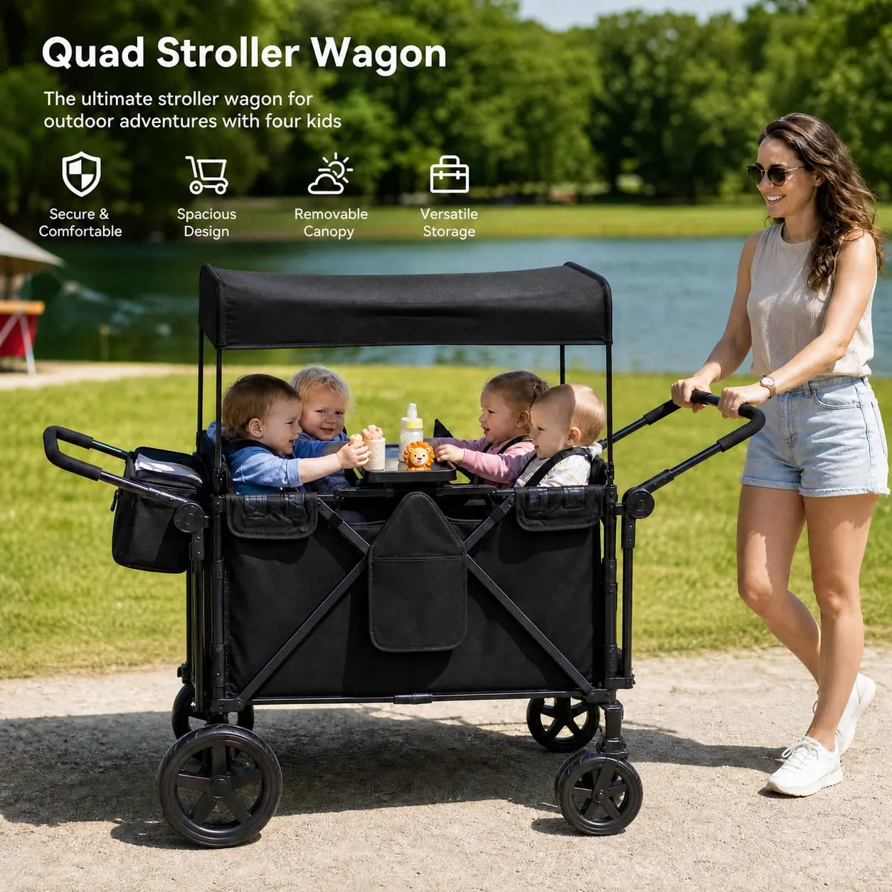 Stroller Wagon for 4 Kids, 4 Seater Wagon Stroller with Snack Tray, Large Storage Bag, Phone Cup Holder, Removable Canopy, Foldable Wagon Stroller 4 Seater with Adjustable Push Handles