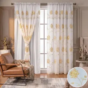 Floral Vine Embroidery Doli Curtain Panels, 2-Panel 52x84 in Double Layer with Waterfall Valance & Rod Pocket, Fade Resistant QF36 Summer Home Textile Accessory for Bedrooms & Apartments, Blackout Sheer