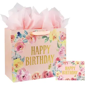 13" Large Happy Birthday Gift Bag with Card and Tissue Papers, Handles Floral Design for Women Girls Birthday Party (13" Pink)