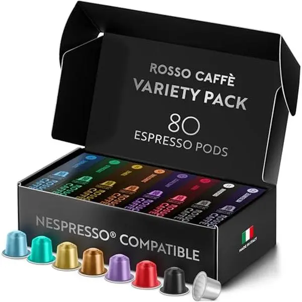 ROSSO CAFFÈ Espresso Coffee Pods for Nespresso Original Machines - 80 Capsules Variety Pack, 8 Signature Flavors, Medium to Dark Roast Beverage Bean Caramel