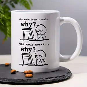 Funny Programmer Mug, “The Code Doesn’t Work... Why?” Ceramic Coffee Cup, Coding Humor Gift for Software Developers, Engineers, IT Professionals & Coworkers, Birthday & Christmas Gift