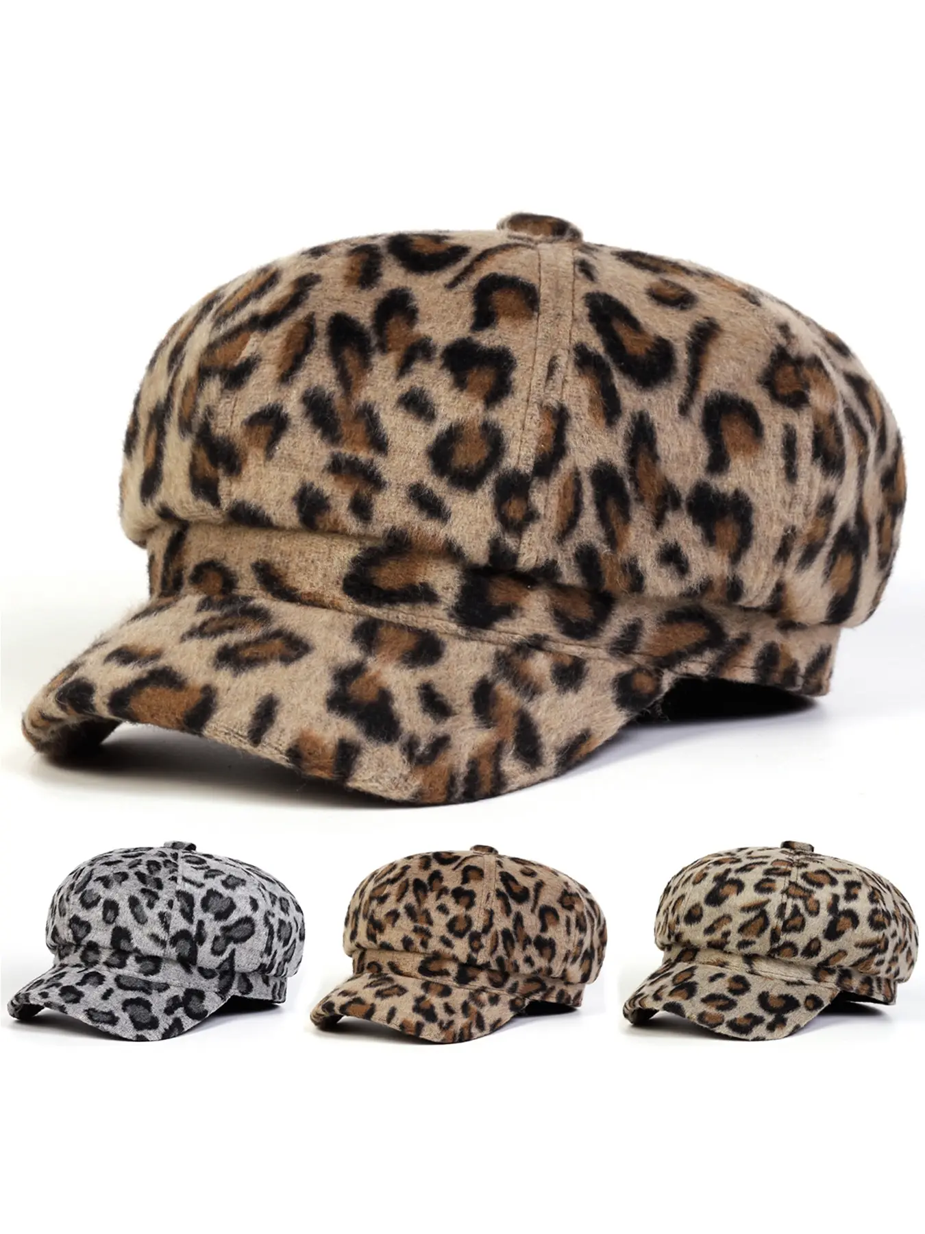 Unisex Plush Leopard Print Beret Hat, Fitted Design, Outdoor Sun Protection Casual Cap, Spring & Fall Travel Beach Vacation, Fitted Style, Fitted Hats, Animal Hats