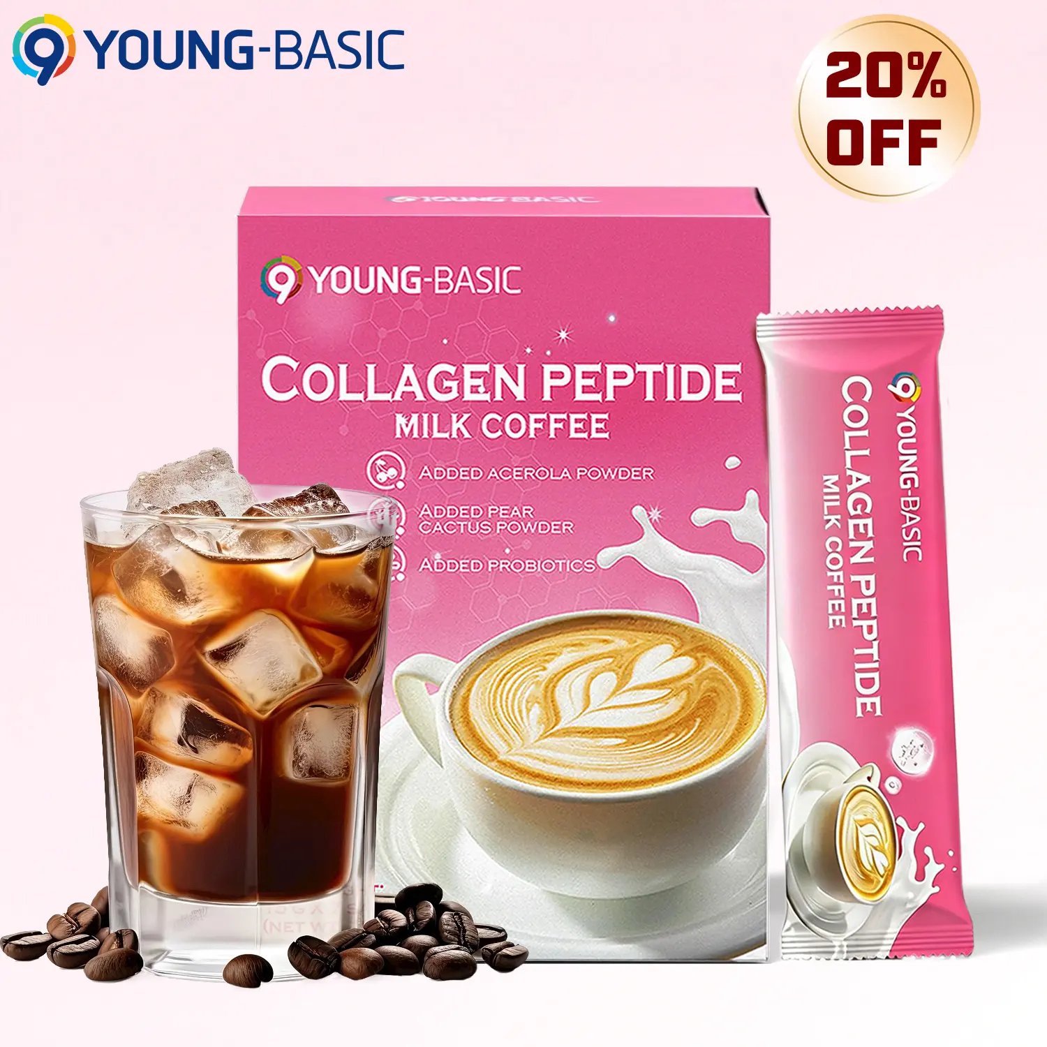 9 Young-Basic Collagen Peptide Coffee - Premium Marine Collagen Peptides, Multivitamins (B6/B12/C/E) Feminine Probiotics Instant Drink for Women - Skin Elasticity, Hair, Nail, Anti-aging and Gut Health Beauty Supplement Protein Coffee Powder tiktokshopspr