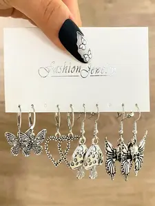 Vintage Fashion Butterfly Heart Snake Mushroom Silver Color Dangle Earrings Set, Punk Style, Casual Wear, All Seasons, Alloy Material