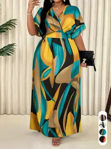 Elegant Sexy Women's Geometric Print Dress Plus Size V Neck High Waist Wrap Dress, Casual Wear, Fitted Woven Fabric, All Seasons Fashion, Womenswear Elegance