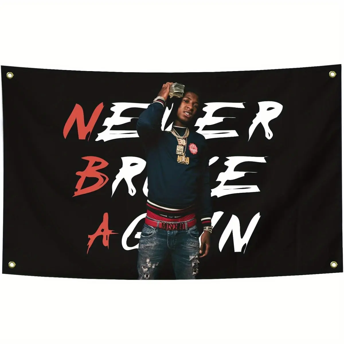 "Never Broke Again" Themed Rectangular Printed Flag Wall Hanging Tapestry for Young Boys, 3x5 ft Durable Polyester Suede, Brass Grommets, Black Background with Bold Red & White Print, Retro Look Home Decor for Man Cave, Hand Washable