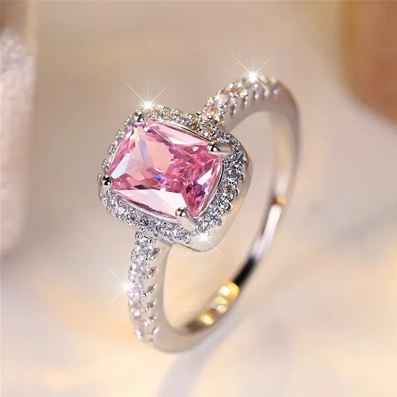 Women's Pink Cushion-Cut Cubic Zirconia Double Halo Ring, Sparkly Engagement Promise Band, Fashion Wedding Costume Jewelry