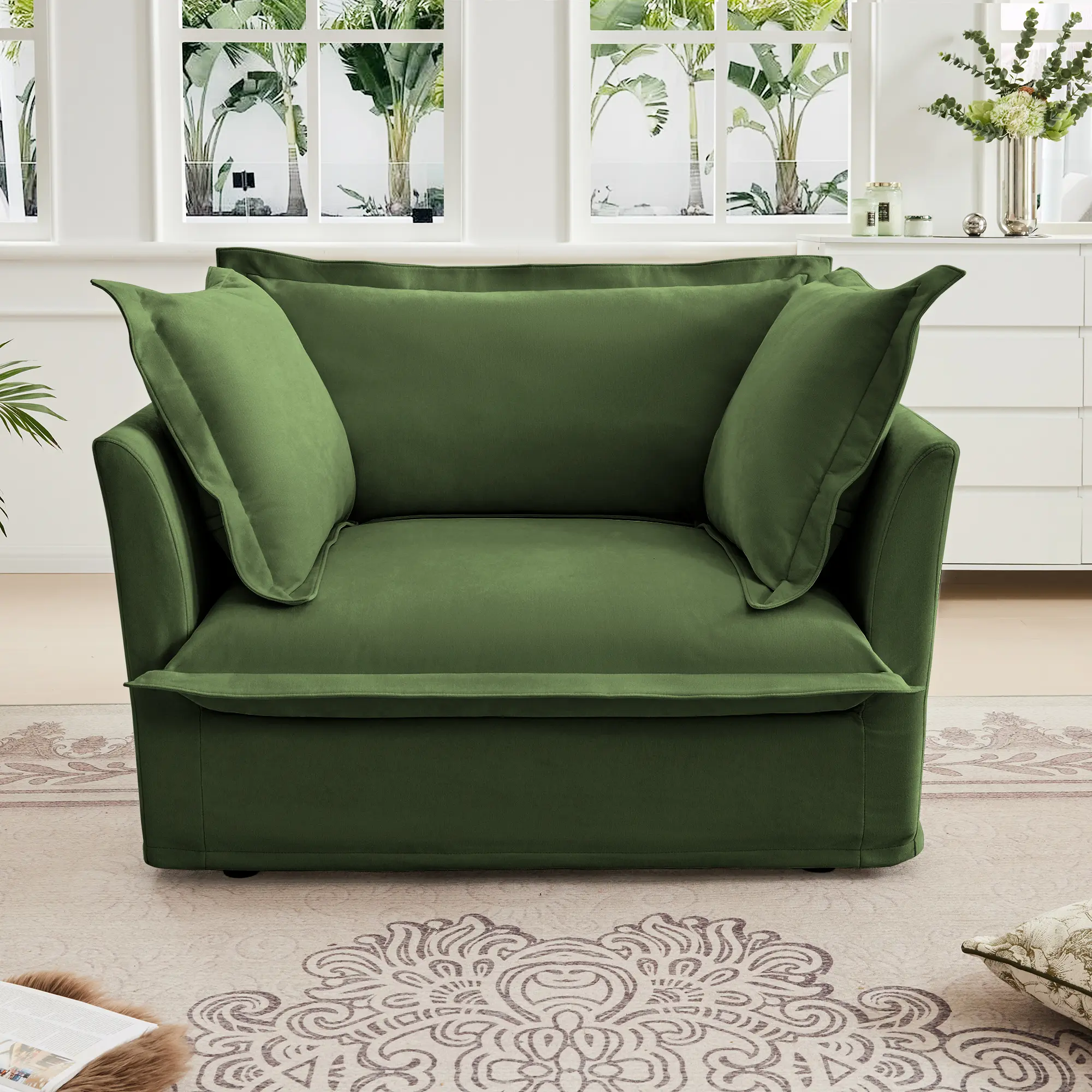 Dreamzon Modern Chenille-Cotton Fabric High-Back Slip-Covered Armchair - 1-Person Deep-Seat Furniture, Sturdy, Sponge-Filled 1 Large Back Cushion, 2 Toss Pillows, Removable Cover, Easy Assembly, Indoor Use, Detailed Stitching