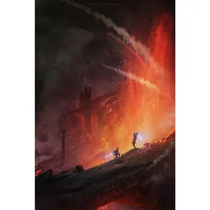 Sci Fi Volcano Canvas Poster, Dark Fantasy Lava Landscape Wall Art, Space Battle Inspired Print, Unframed Canvas Poster for Bedroom Game Room Decor Decoration Surreal
