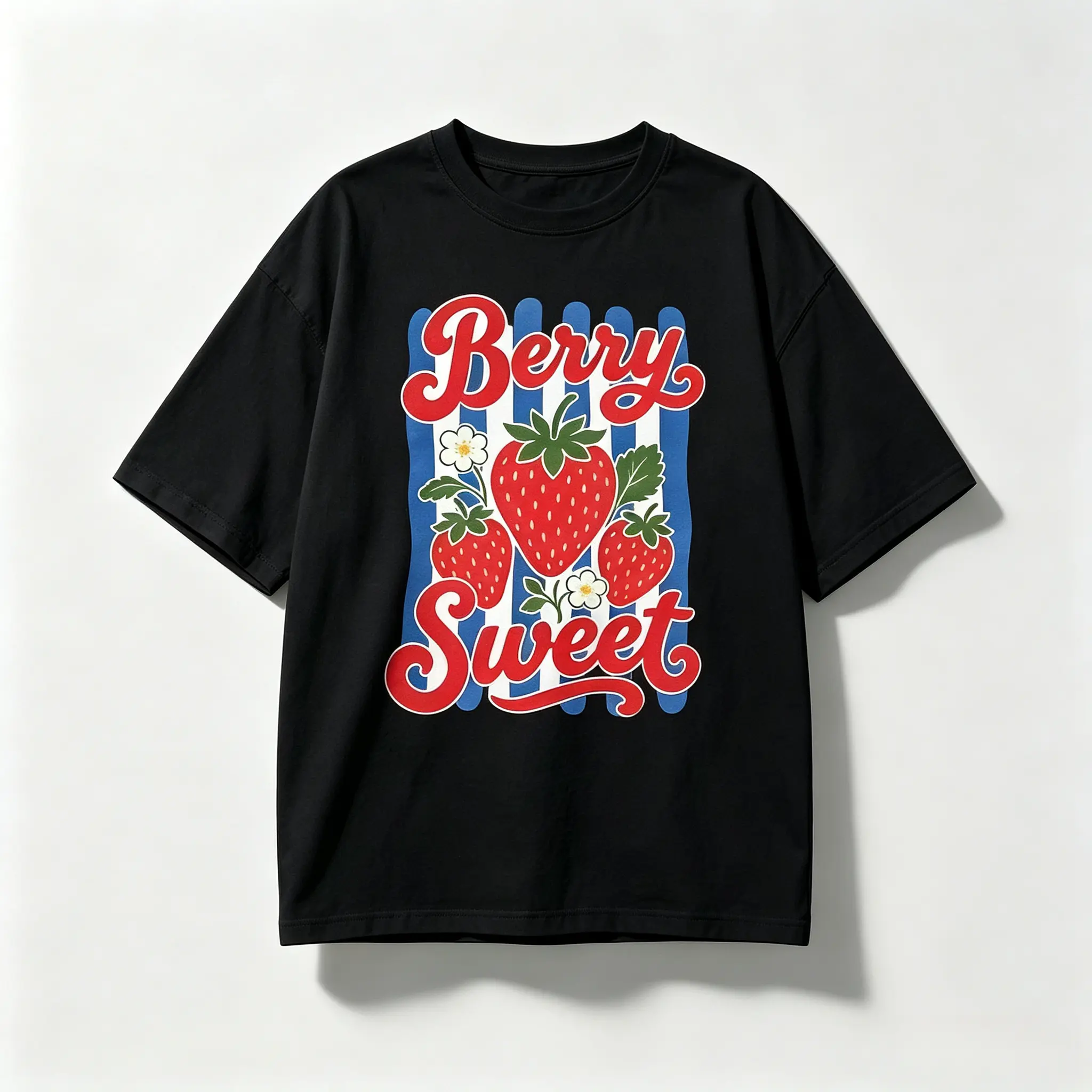 Women's Preppy Vintage Strawberry Print 100 Cotton T-Shirt - Relaxed Fit, Breathable Fabric, Medium Length, Sweet Summer Casual Short Sleeve Top, Wash-And-Wear