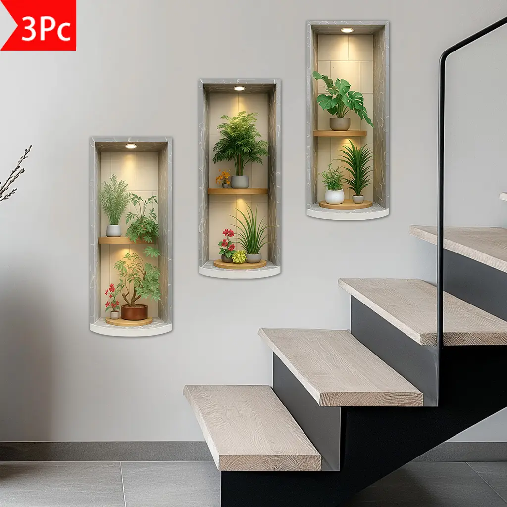 3pcs simulated green plant decorative wall stickers, self-adhesive detachable PVC material, suitable for home decoration, Christmas Day, Wall Decorations