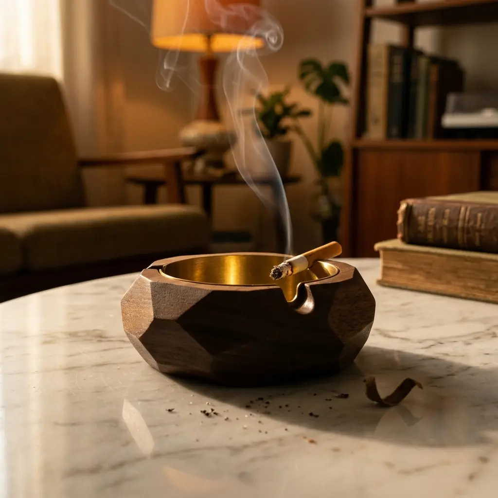 premium Black Walnut Ashtray with Brass Metal Insert Geometric Cigar Ashtray, Vintage Home Office Decor, Functional Luxury Geometric Wooden Ashtray |Solid Walnut Gold Metal | Perfect Father's Day/Boyfriend Gift&Man Cave Decor Ornaments Antique