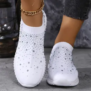 Women's Walking Sneakers With Rhinestone Decor, Breathable Fabric Casual Shoes, Comfortable Athletic Camp Shoes, Slip-on Trainer Footwear With Chunky Sole
