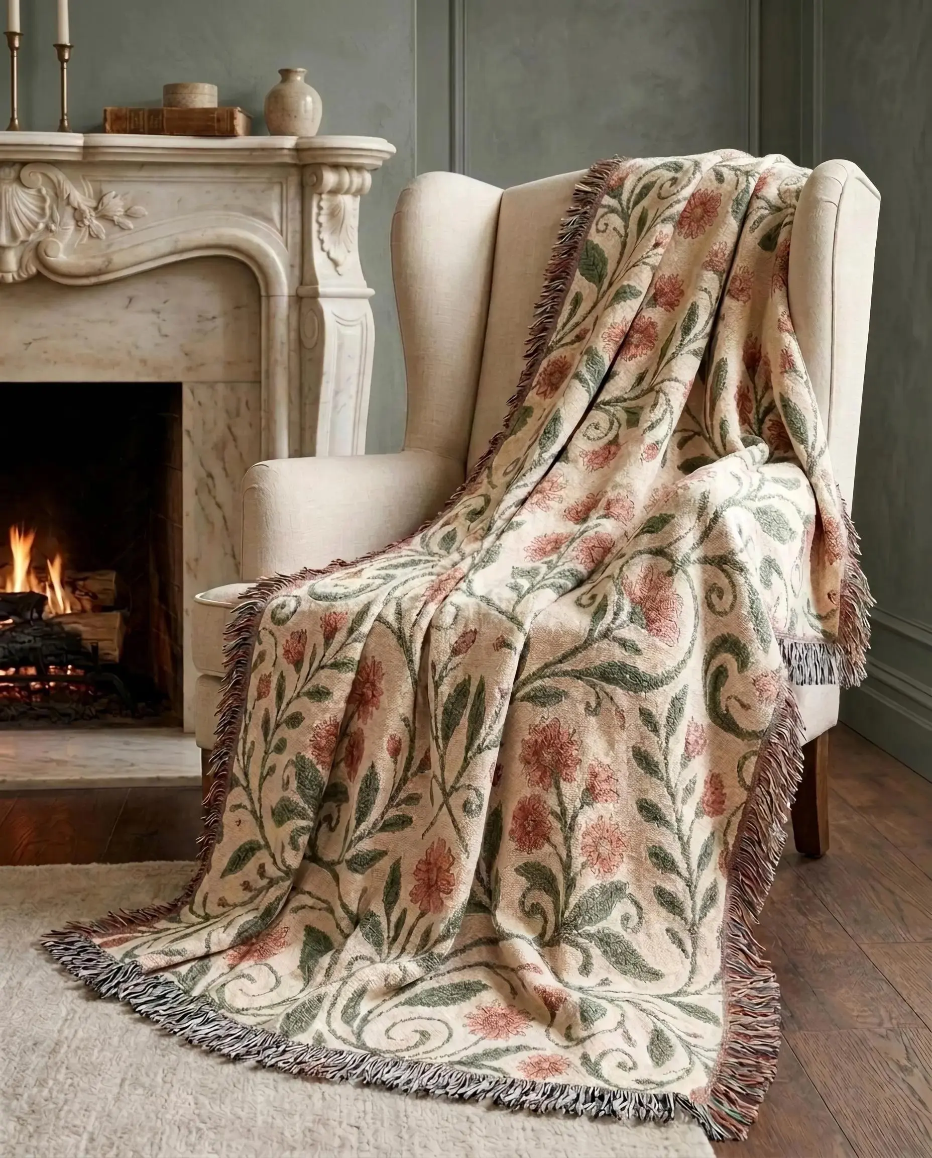 Vintage Floral Woven Blanket, French Cottage Throw Blanket, Botanical Cotton Tapestry, Sage Green Dusty Rose Blanket, Heirloom Home Decor