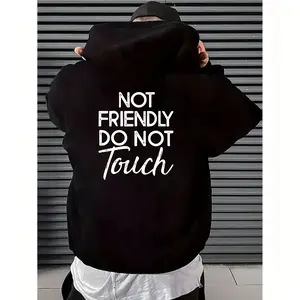 Not Friendly Do Not Touch Print, Men'S Casual Streetwear Hoodies, Comfy And Loose Hooded Pullover Top, Casual Streetwear, Fall Outfits Straight Fabrics