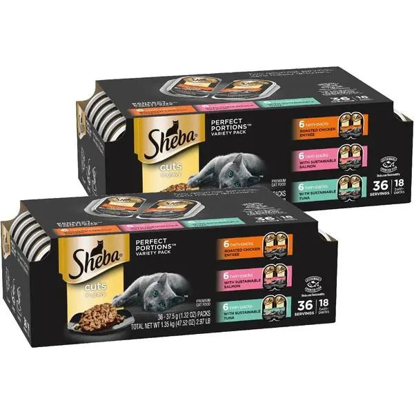 Sheba Perfect Portions Wet Cat Food Cuts in Gravy, Roasted Chicken Entree, with Sustainable Salmon, and with Sustainable Tuna, 2.6 oz. Twin-Pack Trays (18 Count, 36 Servings) (Pack of 2)