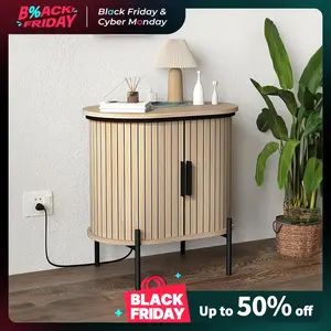 [TikTokShopBlackFriday] EBELLO Grooved End Table with Charging Station, Mid-Century Modern Nightstand, Entryway Cabinet for Living Room, Bedroom, Small Spaces, Walnut