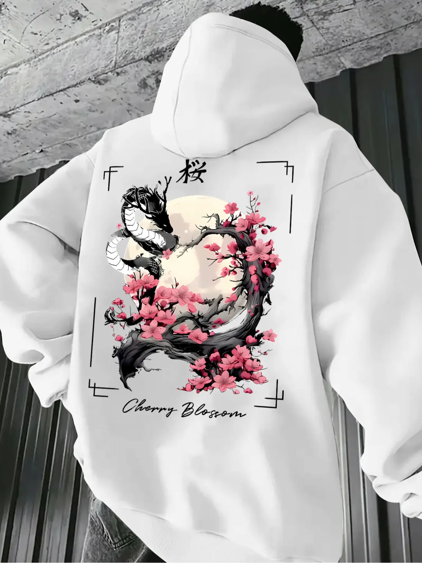 Men's Casual Hooded Sweatshirt with Dragon & Cherry Blossom Print, Japanese Style Drawstring Pocket Long Sleeve Pullover Graphic Print Hoodie Graphic Streetwear Clothing for Fall Winter