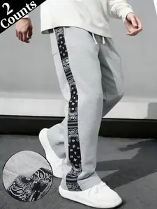 Men’s drawstring wide-leg sweatpants with fruit-of-the-loom patchwork, light gray vintage street-style casual pants,summervibes