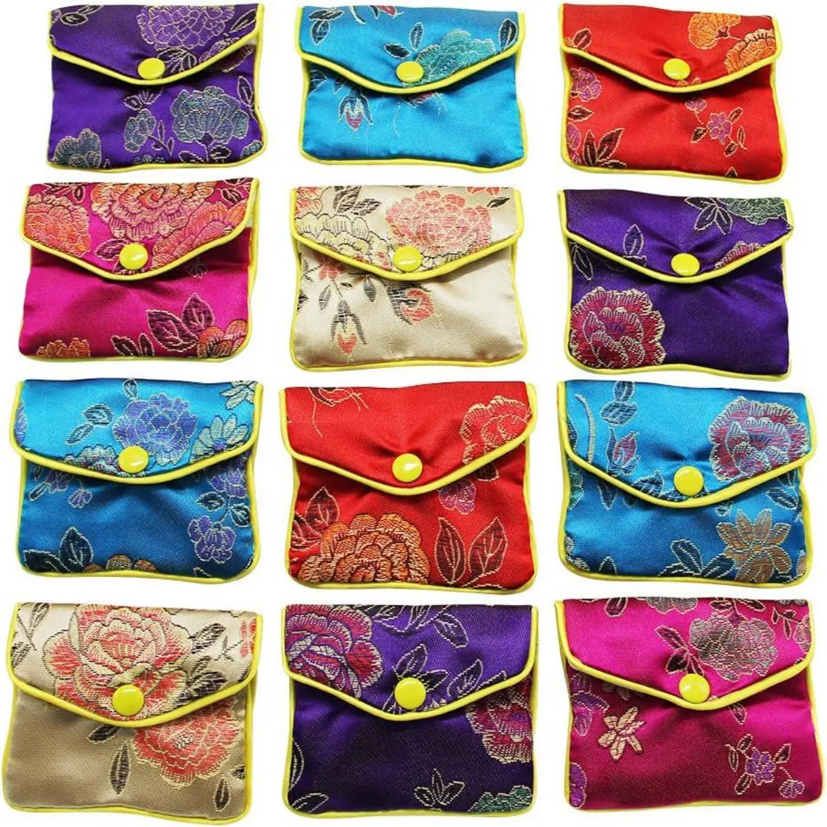 12-Piece Floral Embroidery Silk Travel Jewelry Storage Bags with Buckle Closure, 2 Sizes (3.94x4.72in, 3.15x3.94in), Portable Organizer Pouch for Earrings/Rings/Necklaces, 12 Bright Colors, Room Accessories, Gifts for Women, Flower, Jade, Bracelets, Beads