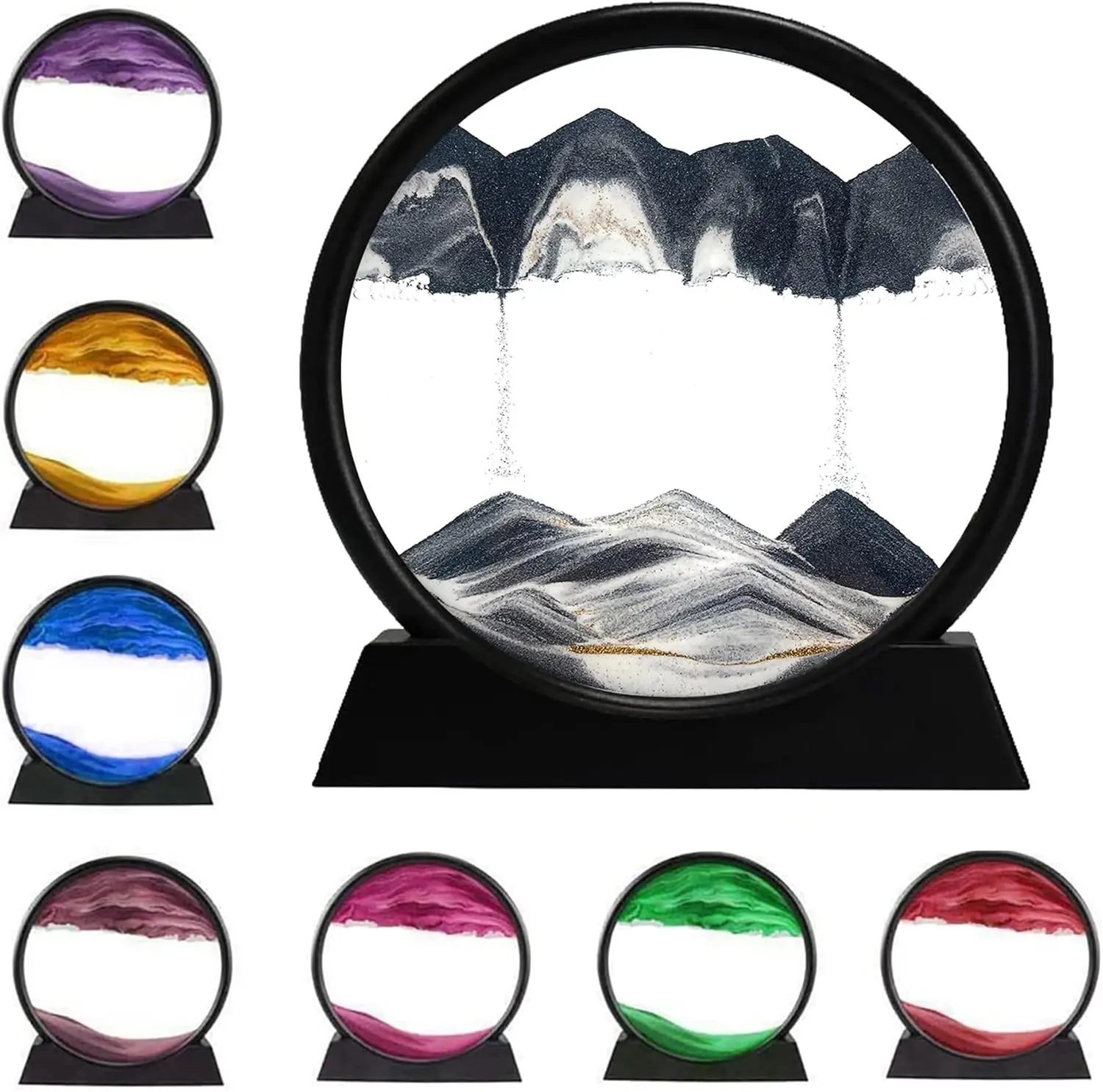 3D Dynamic Sand Art Liquid Motion, Moving Sand Art Picture Round Glass 3D Deep Sea Sandscape in Motion Display Flowing Sand Painting Relaxing Desk Toys (Black, 7'')