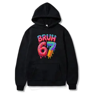 Bold BRUH 67 Drip Hoodie Black Streetwear Pullover with Donut Ice Cream Graphic Fun Trendy Sweatshirt for Foodie Vibes Casual Cool Style