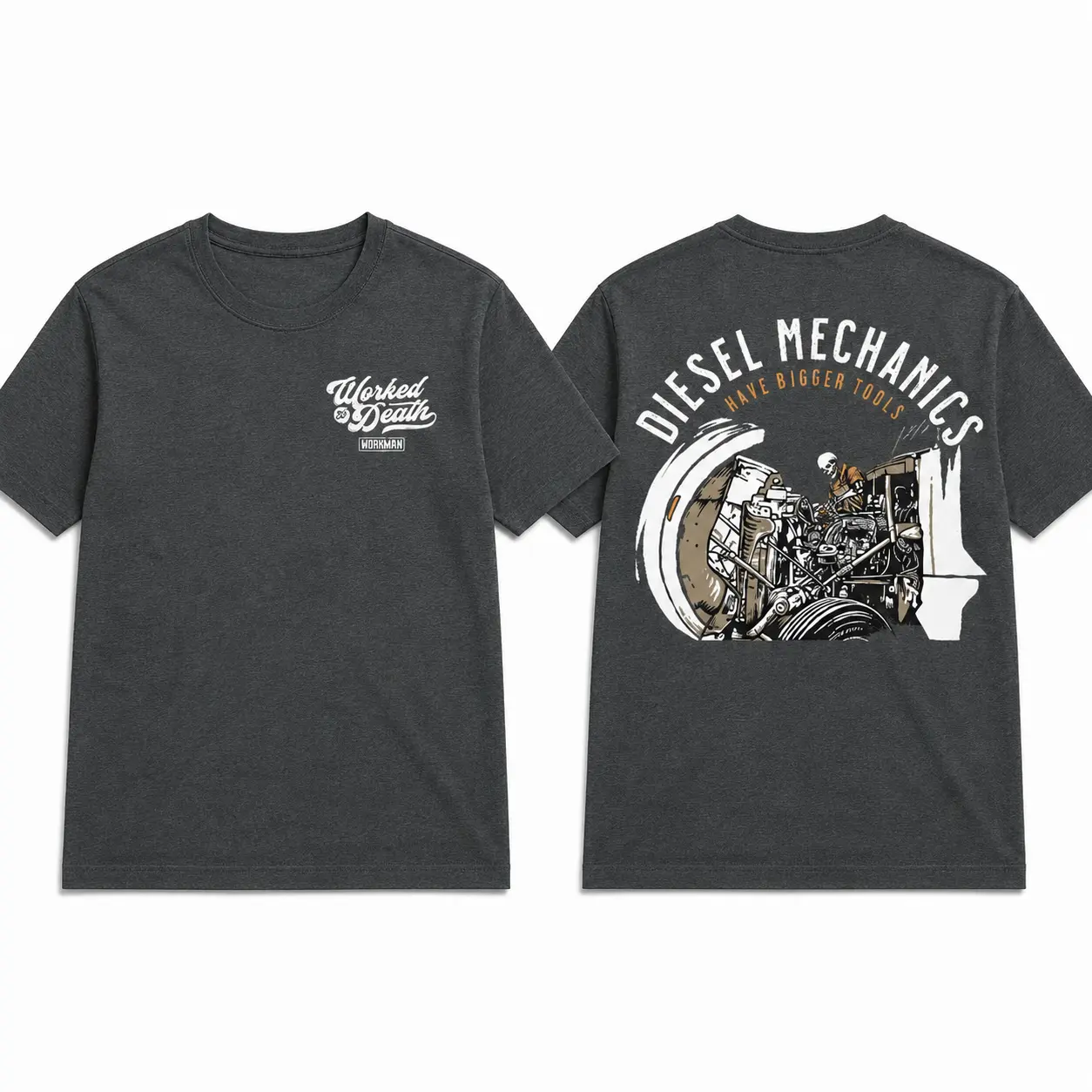 [2-Sided] Diesel Mechanics Graphic T Shirt for Men, Dark Heather Heavy Equipment Workwear Unisex Casual Tee