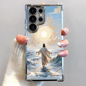 Jesus Walking on Water Aesthetics Phone Case, Electroplated Cover with Airbag Shockproof Slim Soft TPU Cover for Samsung S26 S25 S24 S23 S22 Ultra S25Edge S24FE Plus S25+ Christian Catholic God Dios Lord