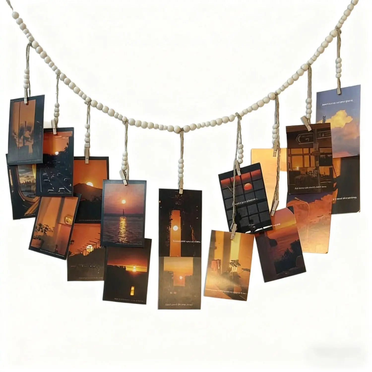 Boho Wood-Linen Hanging Photo Display - Indoor Recreation Interior Wall Decor, Bedroom-Dorm Memory Picture Organizer, Room Decor