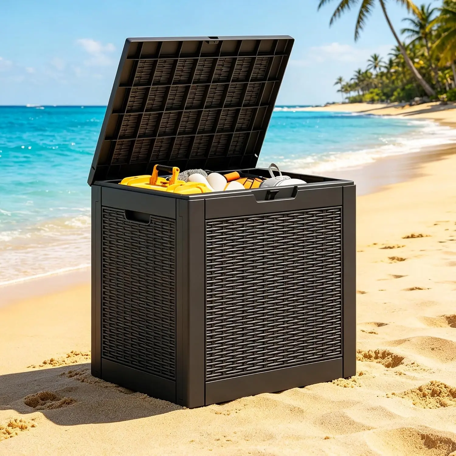 35-Gal Waterproof Resin Outdoor Deck Storage Box with Lockable Lid, Black Garden Tool Storage Bin for Patio Cushions & Pool Supplies