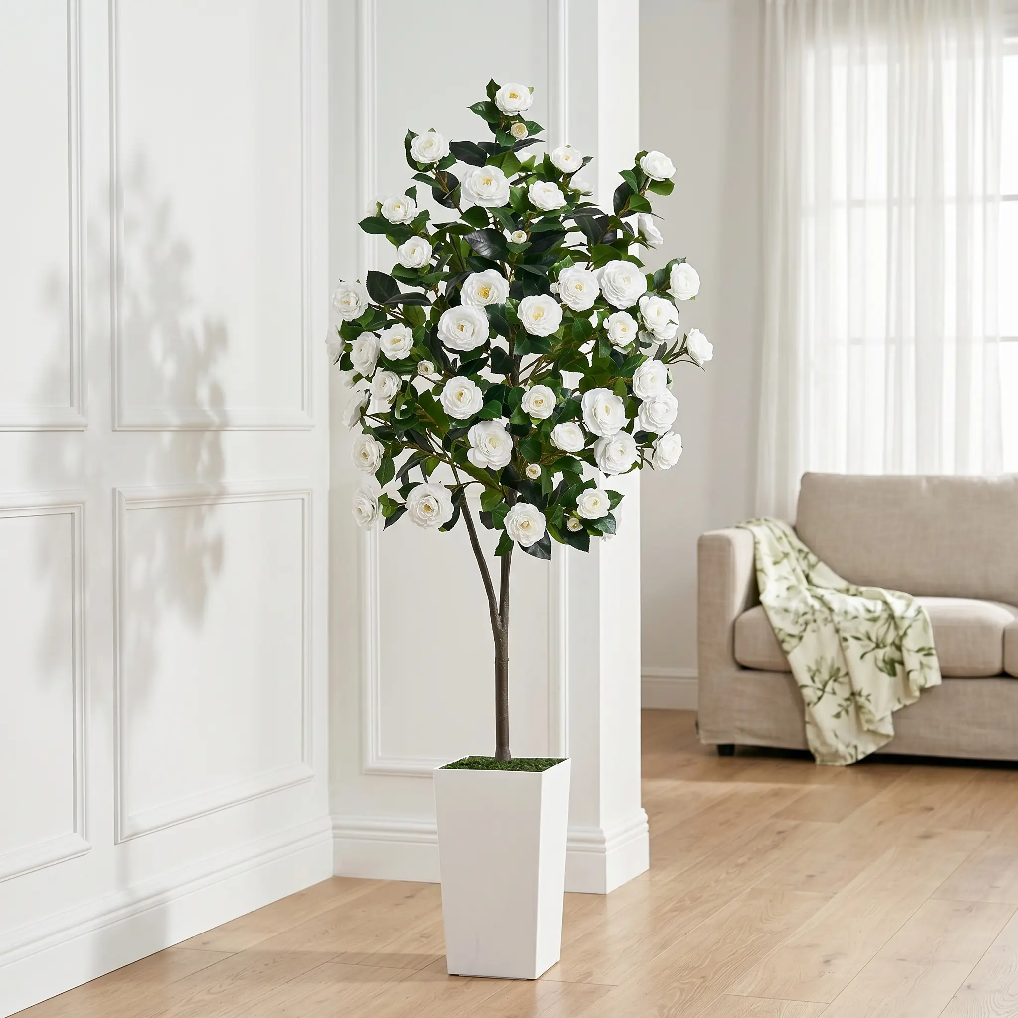 6FT Fade-Resistant Full-Bloom Artificial White Camellia Tree, Lifelike Maintenance-Free Faux Flower Tree with White Square Planter, Tall Indoor Floor Potted Plant for Living Room Home Decor