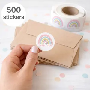 Happy Mail Cute Mailing Stickers / 1 Roll of 500/1.5" Round Packaging Colorful Rainbow Stickers/Decorative Sealing Adhesive Labels/Small Business Packaging Supplies/Shipping Thank You Stickers