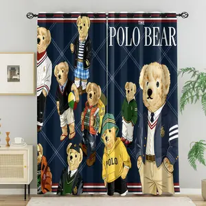Vintage Teddy Bear Preppy Style Blackout Curtains, Triple Weave Thermal Insulated Noise Reducing Window Drapes, Classic American Fashion Curtains for Teens, Kids Bedroom & Living Room (2 Panels)