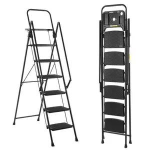 Bellemave  A folding foot ladder with handles, anti slip wide pedals, and tool trays, a lightweight steel ladder that is perfect for kitchen and home, indoor and outdoor use, and a sturdy 6-step steel ladder suitable for ceilings up to 12 feet high,,summe