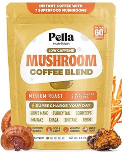 Organic Low-Caffeine Mushroom Coffee (60 Servings) with 7 Superfood Mushrooms, Great Tasting Instant Coffee, Includes Lion's Mane, Reishi, Chaga, Cordyceps, Shiitake, Maitake, and Turkey Tail