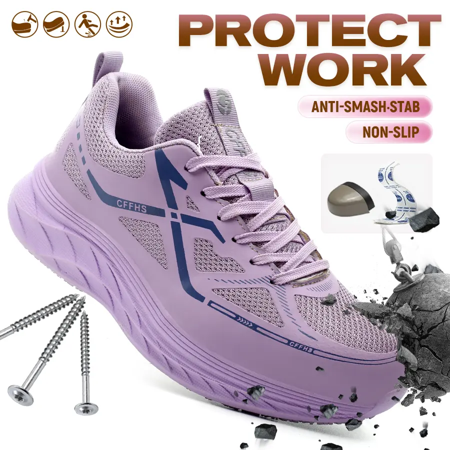 Women's Low-Top Round-Head Steel Toe Safety Work Shoes, Lightweight Non-Slip Puncture-Proof Walking Sneakers