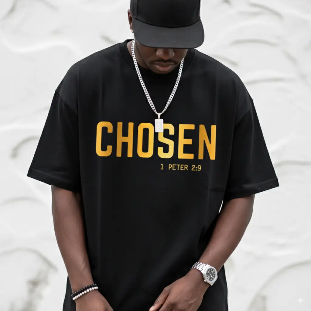 Men's Navy Blue Casual Short Sleeve Cotton T-Shirt - "Chosen 1 Peter 2:9" Faith Graphics, Relaxed Fit, Soft Fabric, Menswear Apparel for Summer, Outdoor Activities, Shortsleeve, Tshirt, Top, Digital Print, Faith Print, 180G-White T-Shirt, Sporty Chic, All