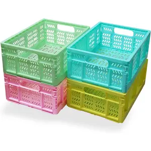 20L 4-Pack Collapsible Plastic Folding Storage Crates & Storage Baskets Organizer for Home, Office, and Outdoor Use, Mixed Colors