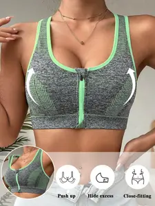 Women's Plus Size Front Zip Supportive Sports Bra, High Impact Push Up Wireless Bra, Breathable Mesh Racerback Workout Yoga Bra for Gym Fitness Running Women Workout Clothes