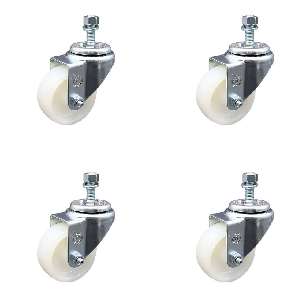 Service Caster Series #20 SCC-TS20S314-NYS-381615-4 Maintenance-Free Nylon Swivel Threaded Casters (Set of 4), 3x1.25 in White Wheels, 0.38 in Stems, Chemical Resistant, Low Rolling, Durability Under Any Condition, for Material Handling Carts, Equipment