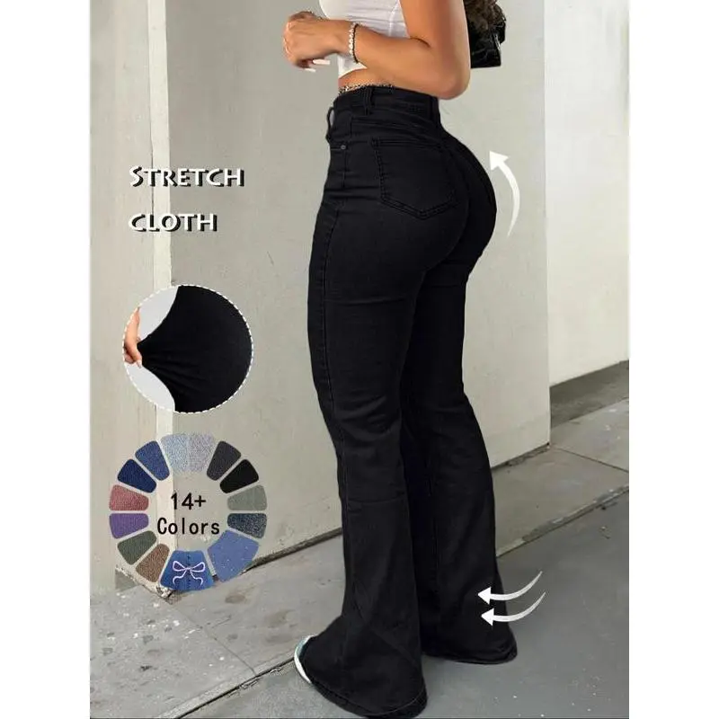 Women's High Waist Flare Leg Denim Jeans - Button Fly, Pockets, Casual Fashion Trouser for Fall & Winter Daily Wear, Denim Clothing Bottoms, Fashion Denim Jeans
