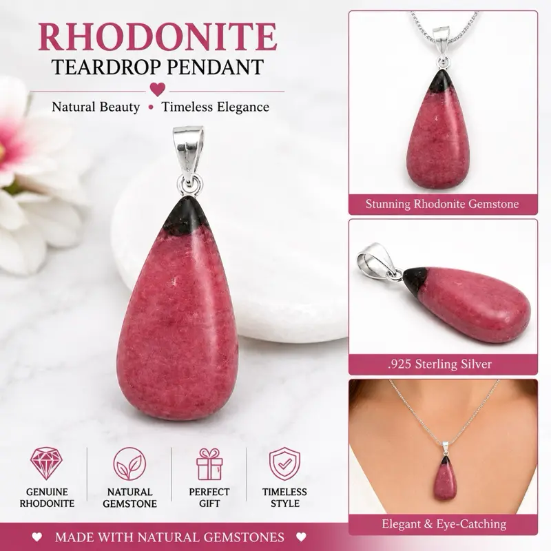 Rhodonite Teardrop Pendant - .925 Sterling Silver