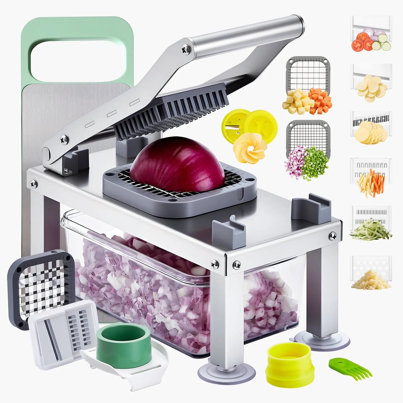 VEVOR Sturdy All-in-1 Vegetable Chopper Mandoline Slicer, 9 Stainless Steel Blades Food Prep Tool for Smooth Chopping, Cheese Grater Onion Potato Dicer with Container, Salad Spiralizer Kitchen Essential