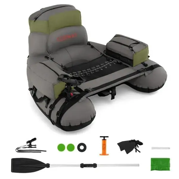 350lbs Inflatable Fishing Float Tube - 2 Air Chambers, Rod Holder+Fish Ruler, Green+Gray campingessentials