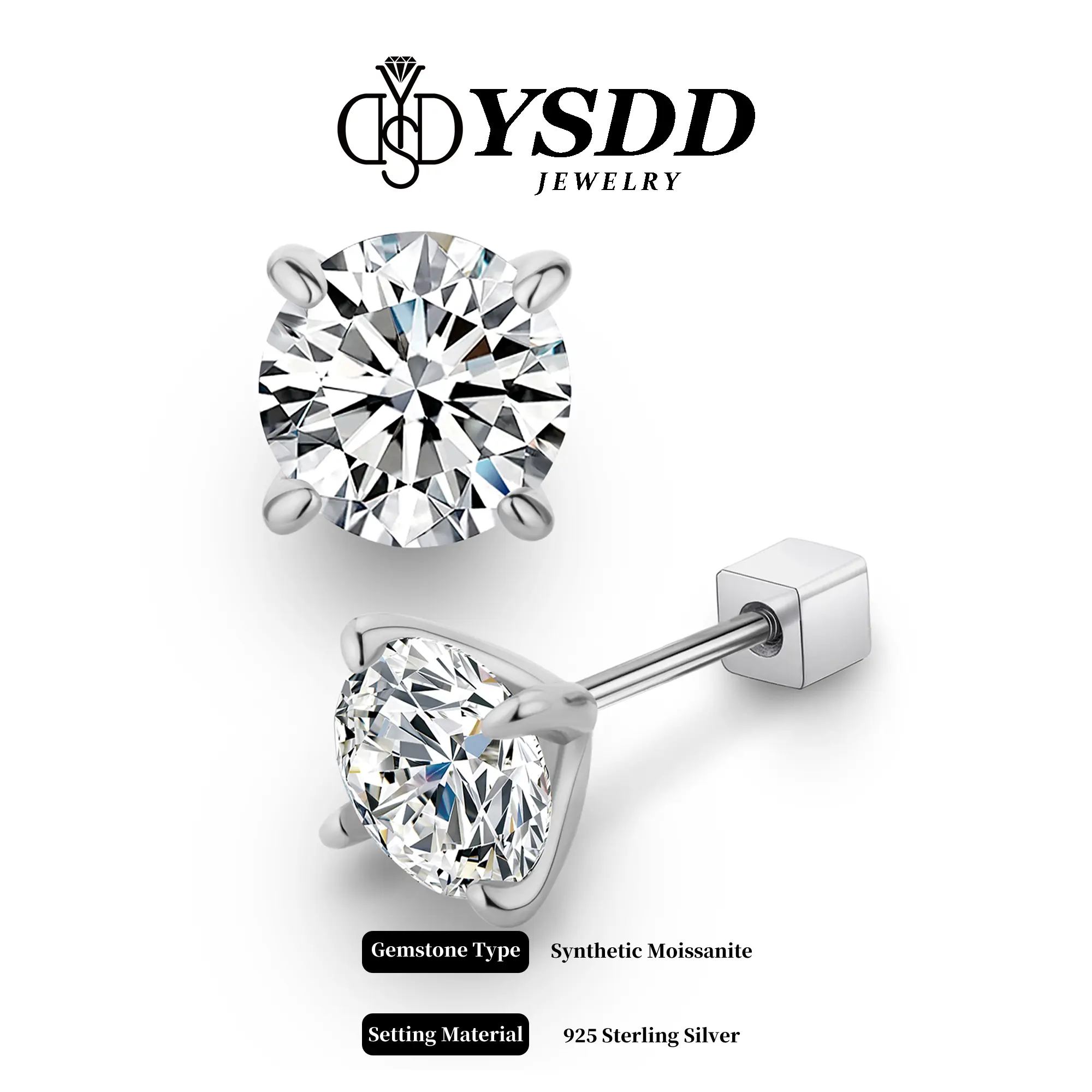 Solitaire Moissanite Stud Earrings in 925 Sterling Silver or Rose Gold, VVS D Color with Secure Screw Back, Birthday Gift for Women and Men, Family, Female, Men's Earrings, Unisex, Adults, Ring Sizer